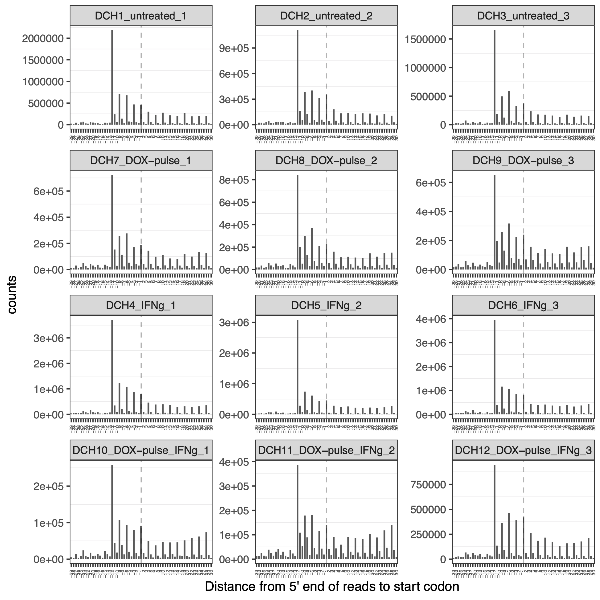 Distance from 5 prime end reads to start codon reveals the best position of p-site: 13 nucleotide shift